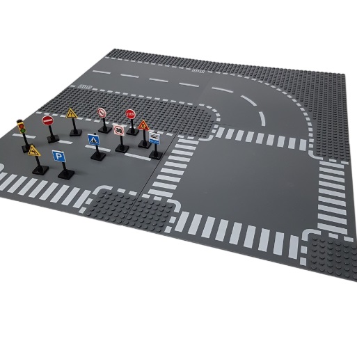 LG20031 bricksNblocks® City grondplaten bocht, rechte weg, kruispunt en T-splitsing met set verkeersborden, compatible met Lego en Sluban