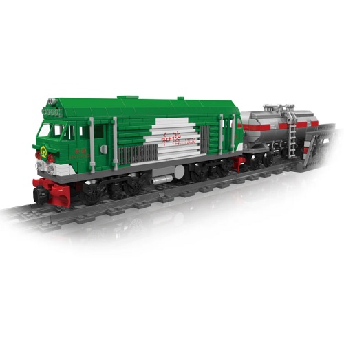 LG20128 Mould King groene RC diesel locomotief met tankwagon en ca. 3 meter spoorbaan, compatibel met Lego en Sluban