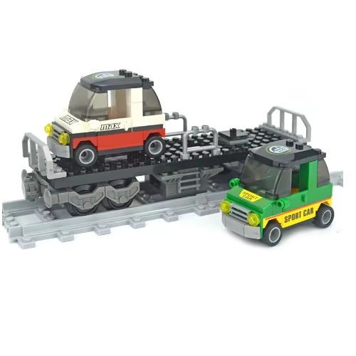 LG20135 bouwblokjes treinwagon voor autotransport, met 4x rails en 2x auto, compatibel met Lego en Mould King, ca. 186 blokjes