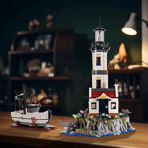  40011 -  bouwblokjes vuurtoren aan zee, met vissersboot, 1677 steentjes, compatible met Lego