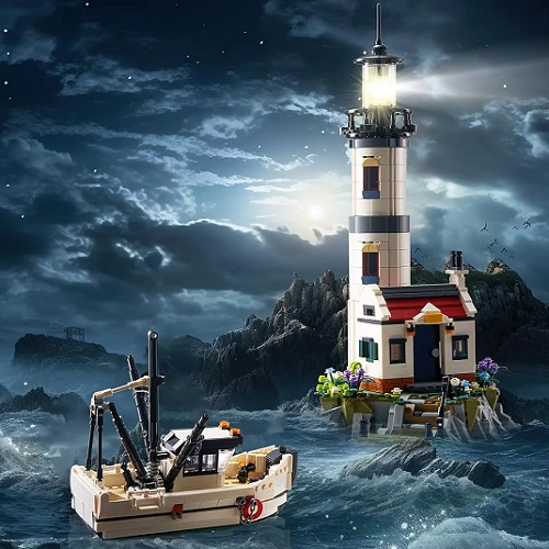  40011 -  bouwblokjes vuurtoren aan zee, met vissersboot, 1677 steentjes, compatible met Lego