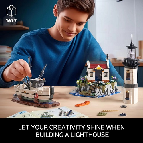  40011 -  bouwblokjes vuurtoren aan zee, met vissersboot, 1677 steentjes, compatible met Lego
