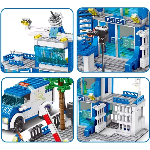  40021 -  Bouwblokjes politiebureau met poltieauto, boevenwagen en 10 poppetjes, 753 blokjes, compatible met Lego