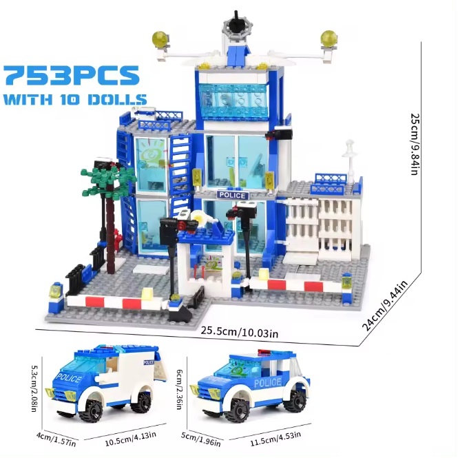  40021 -  Bouwblokjes politiebureau met poltieauto, boevenwagen en 10 poppetjes, 753 blokjes, compatible met Lego