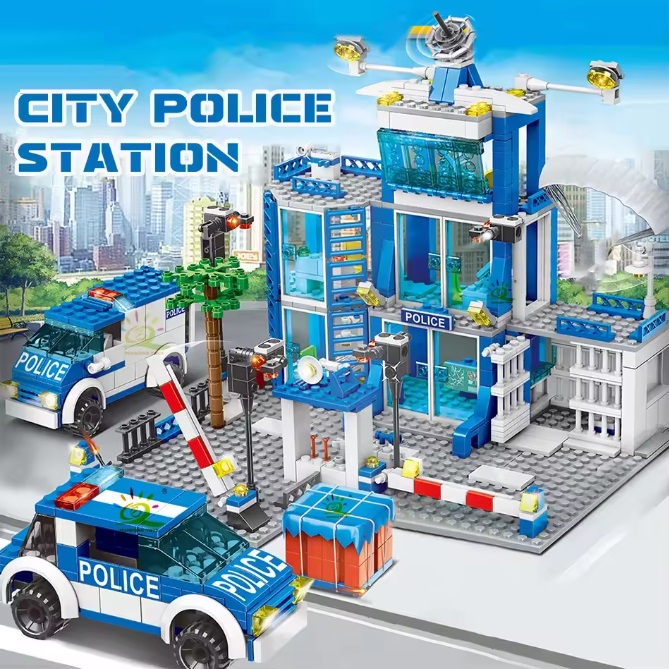  40021 -  Bouwblokjes politiebureau met poltieauto, boevenwagen en 10 poppetjes, 753 blokjes, compatible met Lego