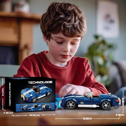 Reobrix 60812 - Reobrix bouwpakket bouwsteentjes blauwe cabrio sportwagen, compatible met Lego, 312 blokjes