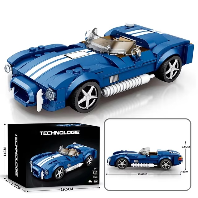 Reobrix 60812 - Reobrix bouwpakket bouwsteentjes blauwe cabrio sportwagen, compatible met Lego, 312 blokjes