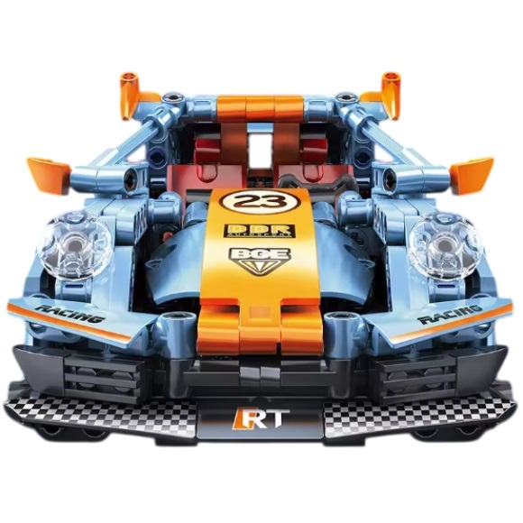  67116 -  bouwpakket bouwsteentjes blauw-oranje sportauto, compatible met Lego, 523 blokjes