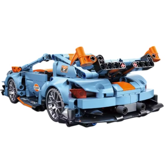  67116 -  bouwpakket bouwsteentjes blauw-oranje sportauto, compatible met Lego, 523 blokjes