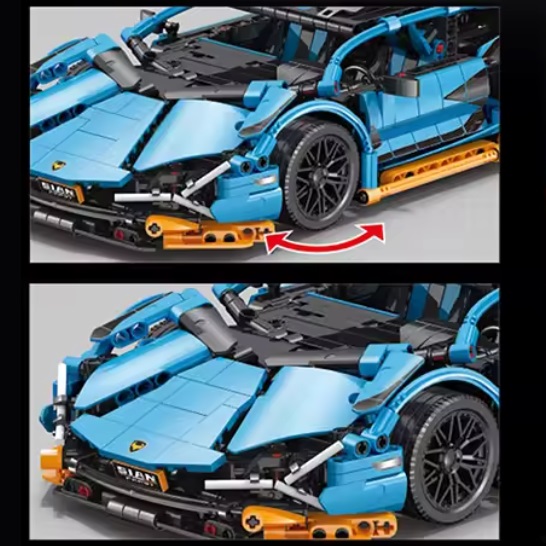  67129 -  bouwblokjes Lamborghini Sian FKP37 blauw met oranje sportwagen, 1215 blokjes, compatible met LEGO, ca. 35.4 x 16,5 x 8,5 cm