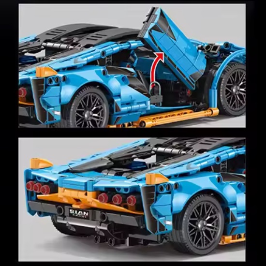  67129 -  bouwblokjes Lamborghini Sian FKP37 blauw met oranje sportwagen, 1215 blokjes, compatible met LEGO, ca. 35.4 x 16,5 x 8,5 cm