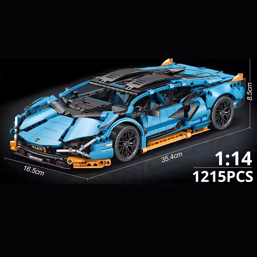  67129 -  bouwblokjes Lamborghini Sian FKP37 blauw met oranje sportwagen, 1215 blokjes, compatible met LEGO, ca. 35.4 x 16,5 x 8,5 cm